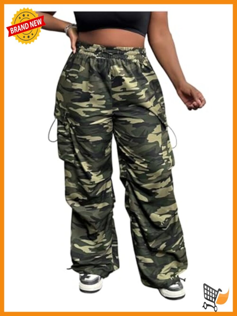 Women's Plus Size Camo Cargo Pants Elastic Drawstring Waist Wide Leg Trousers